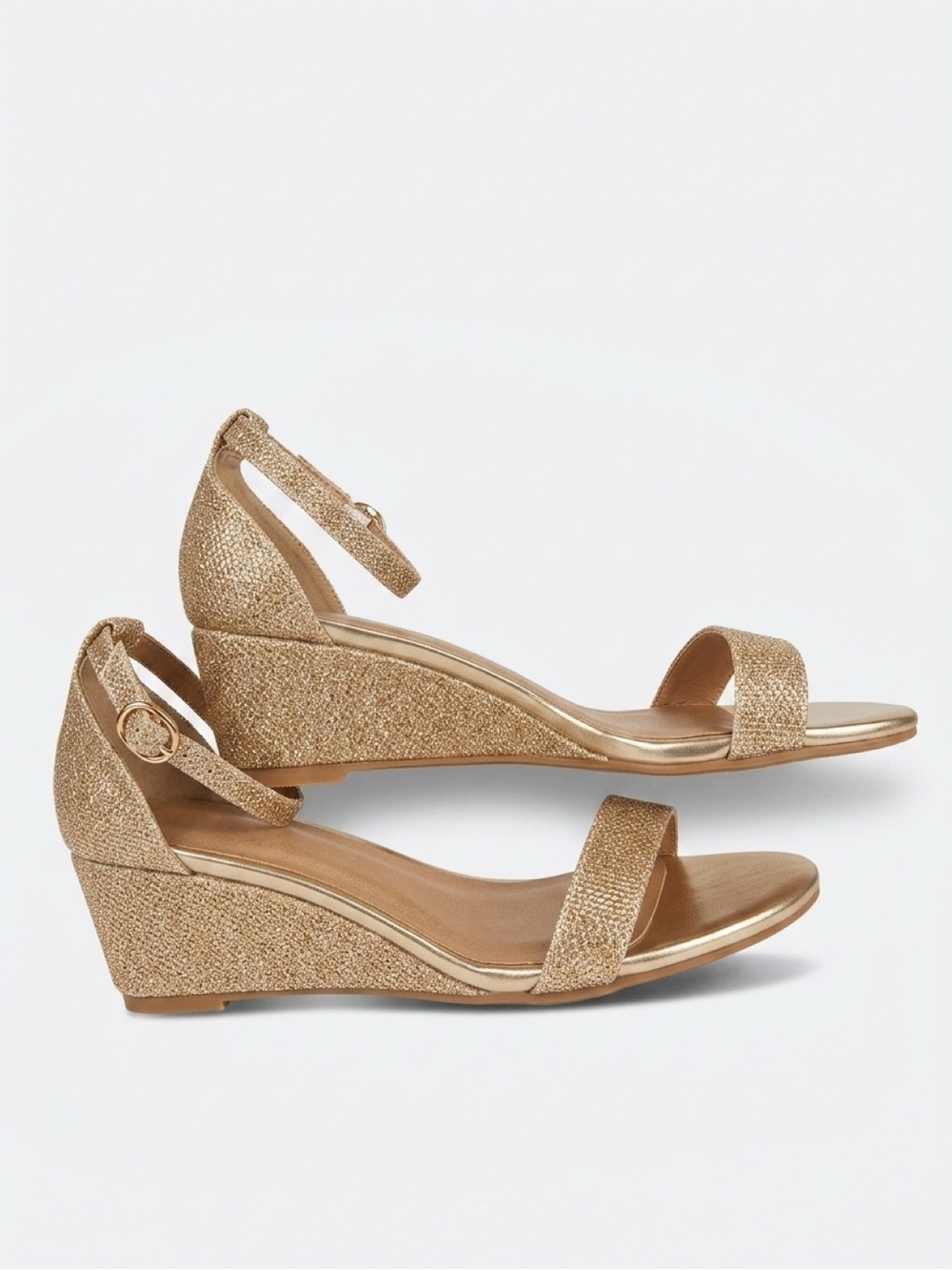 Metallic Gold Glitter Ankle-Strap Wedge Sandals Women’s 8.5